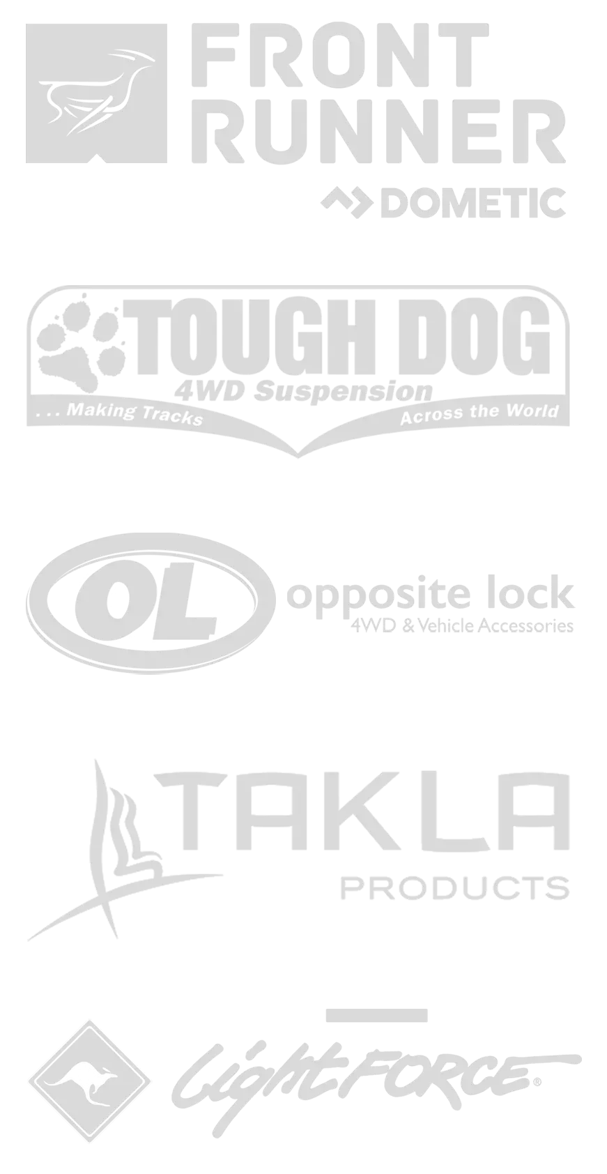 Econo Lift trusted supplier brands: Front Runner, Dometic, Tough Dog, Opposite Lock, Takla, Lightforce